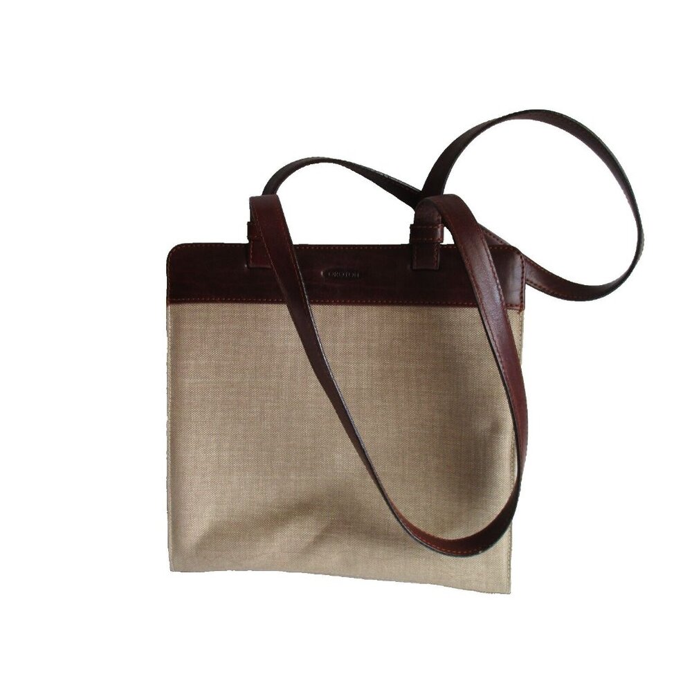 *Vintage Oroton Tan Beige Fabric Shoulder Bag Burgundy Oxblood Leather Straps
